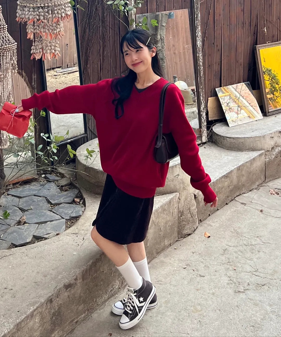 Pure Cotton V-Neck Knit [Red]