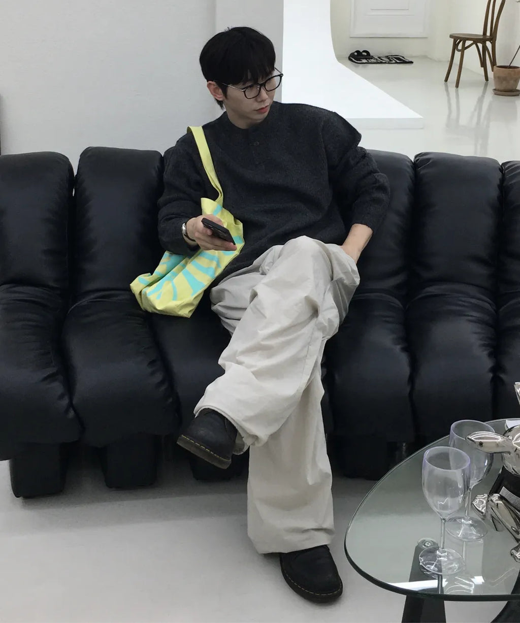 Ribbed Over-Fit Henley-Neck Knit [Charcoal]