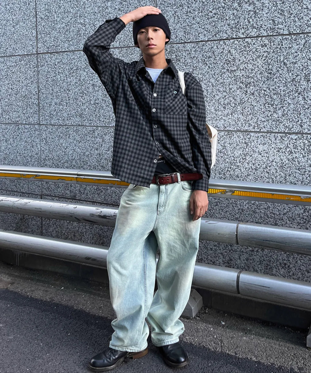 Two-Pocket Gingham Check Shirt [Charcoal]