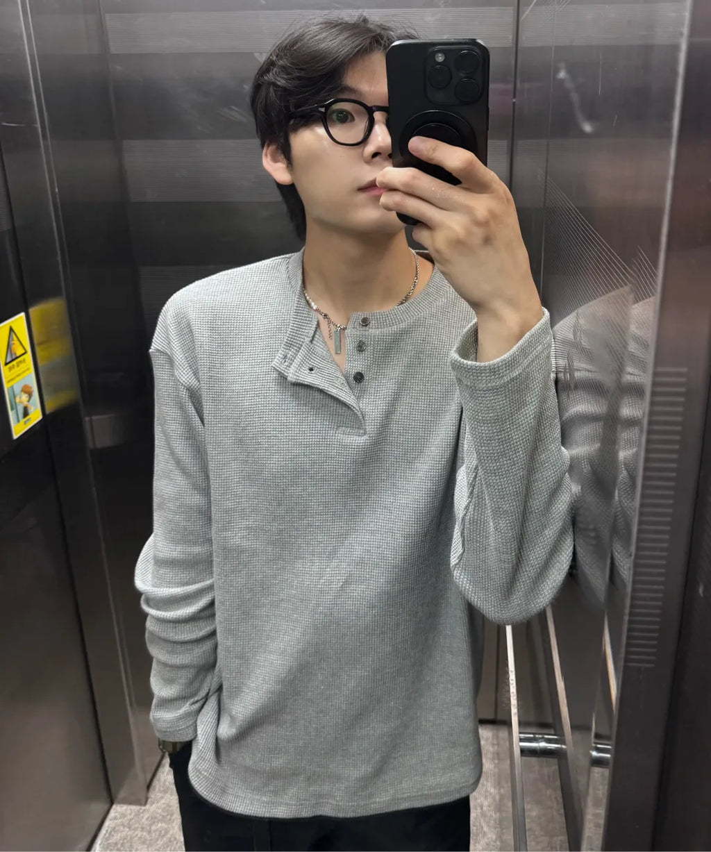Waffle Henley Long Sleeve T-Shirt [Gray]