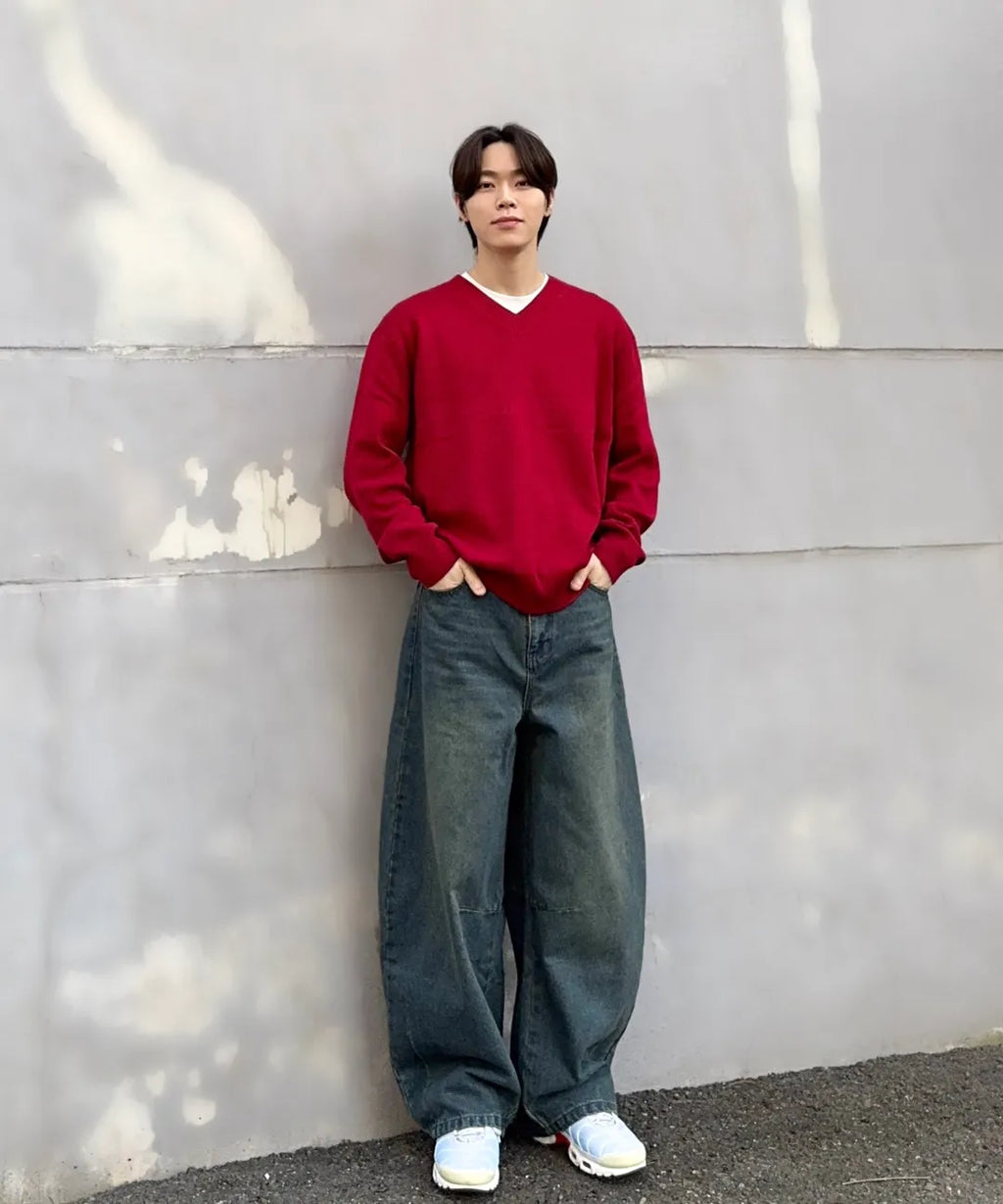 Pure Cotton V-Neck Knit [Red]