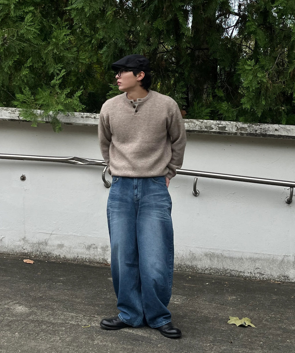 Ribbed Over-Fit Henley-Neck Knit [Oatmeal]