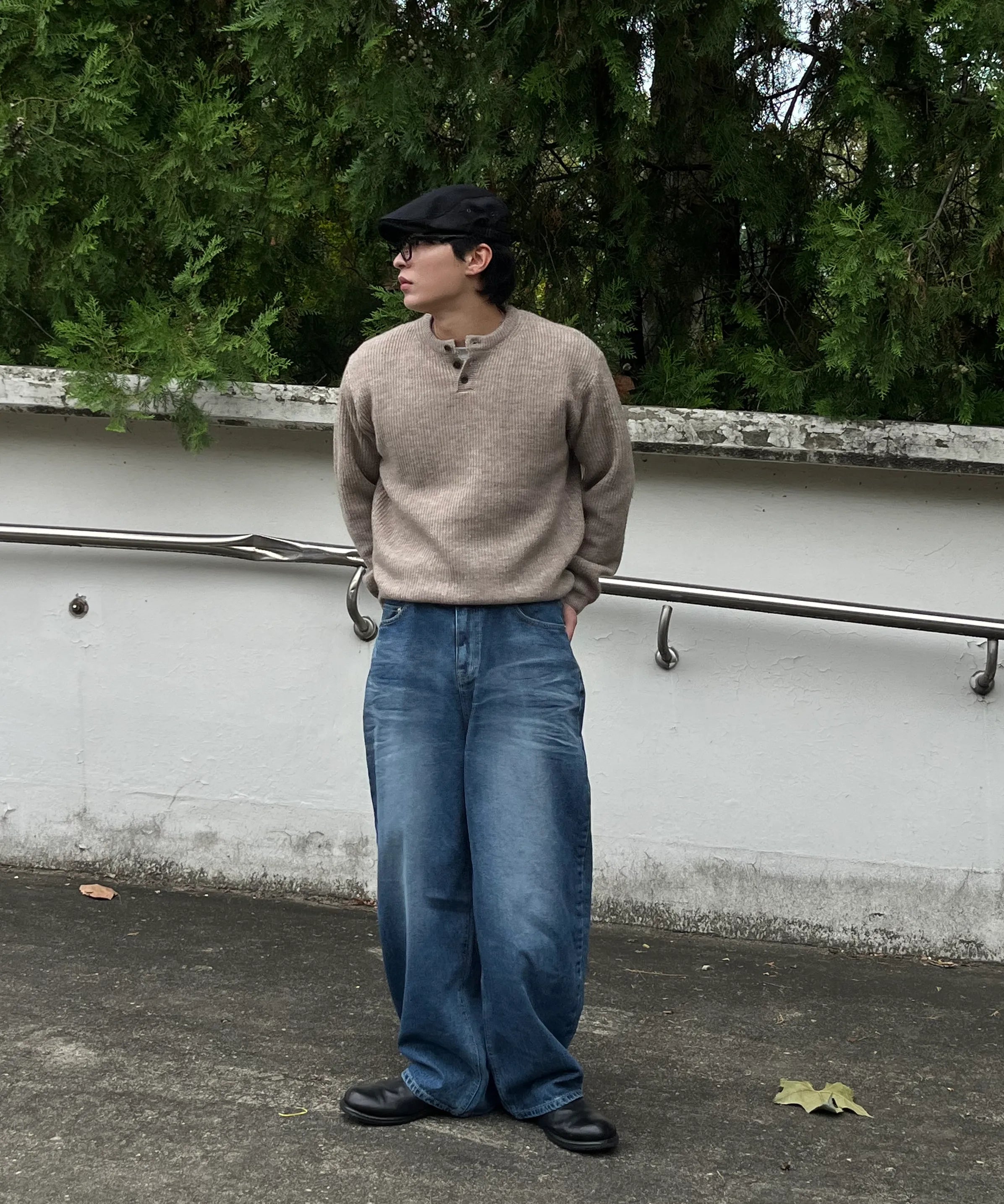 Ribbed Over-Fit Henley-Neck Knit [Oatmeal]