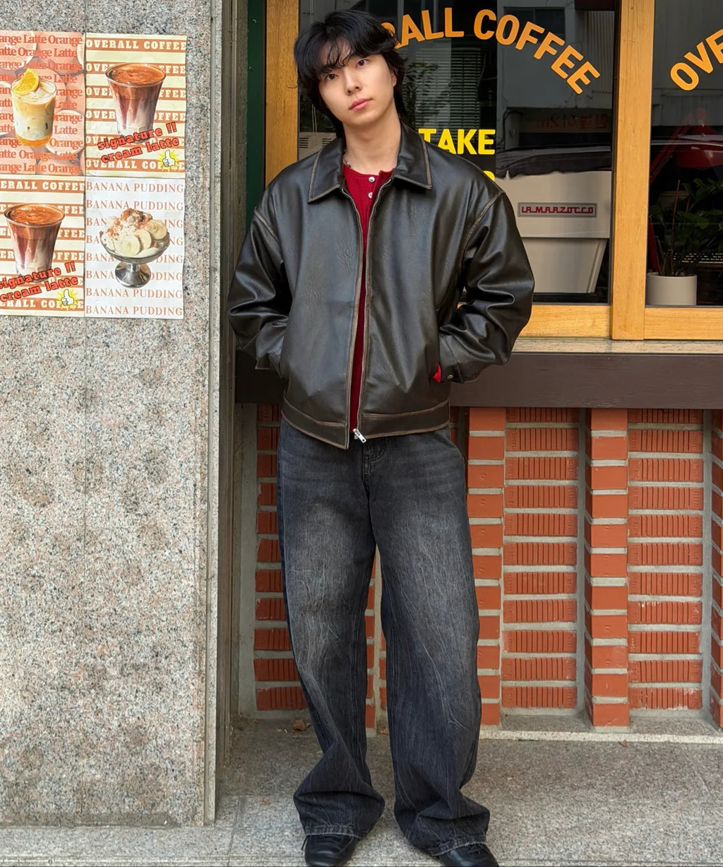 Vintage Washed Leather Jacket [Brown]