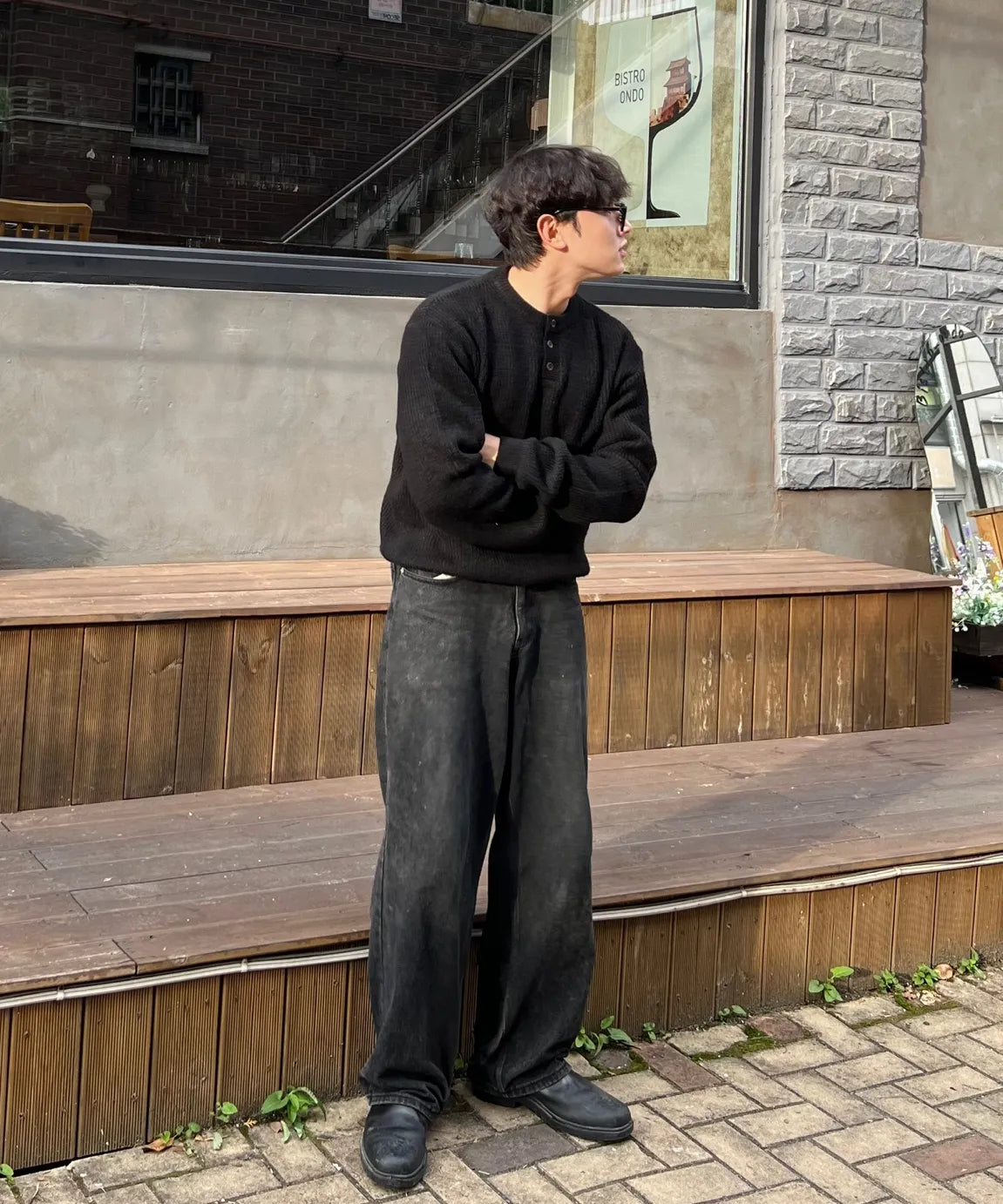 Ribbed Over-Fit Henley-Neck Knit [Black]