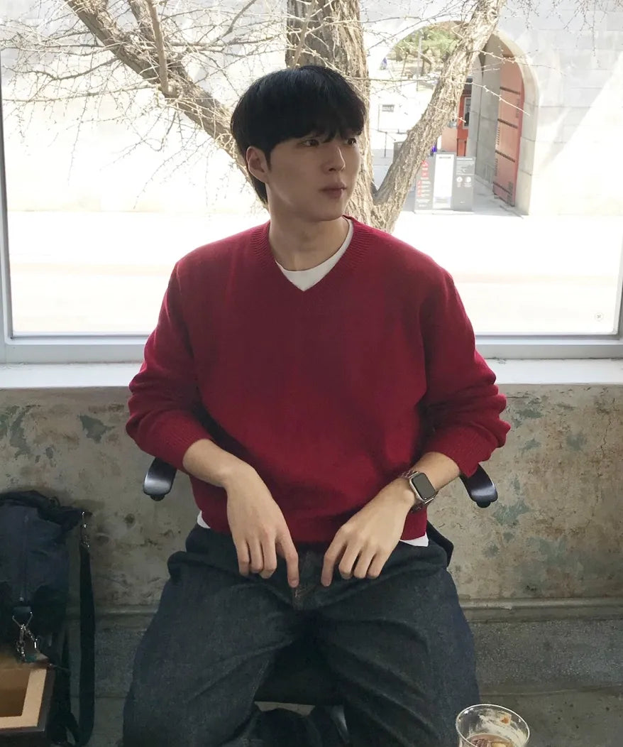 Pure Cotton V-Neck Knit [Red]