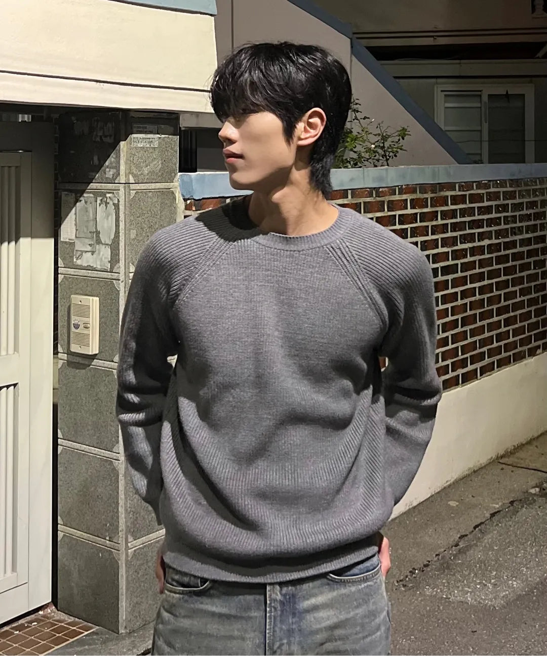 Essential Muscle Fit Raglan Crop Knit [Gray]