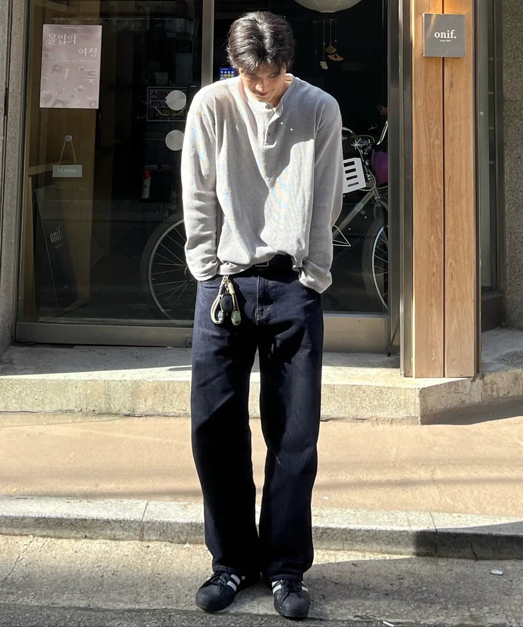 Waffle Henley Long Sleeve T-Shirt [Gray]