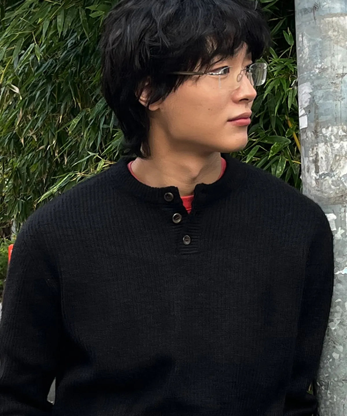 Ribbed Over-Fit Henley-Neck Knit [Black]