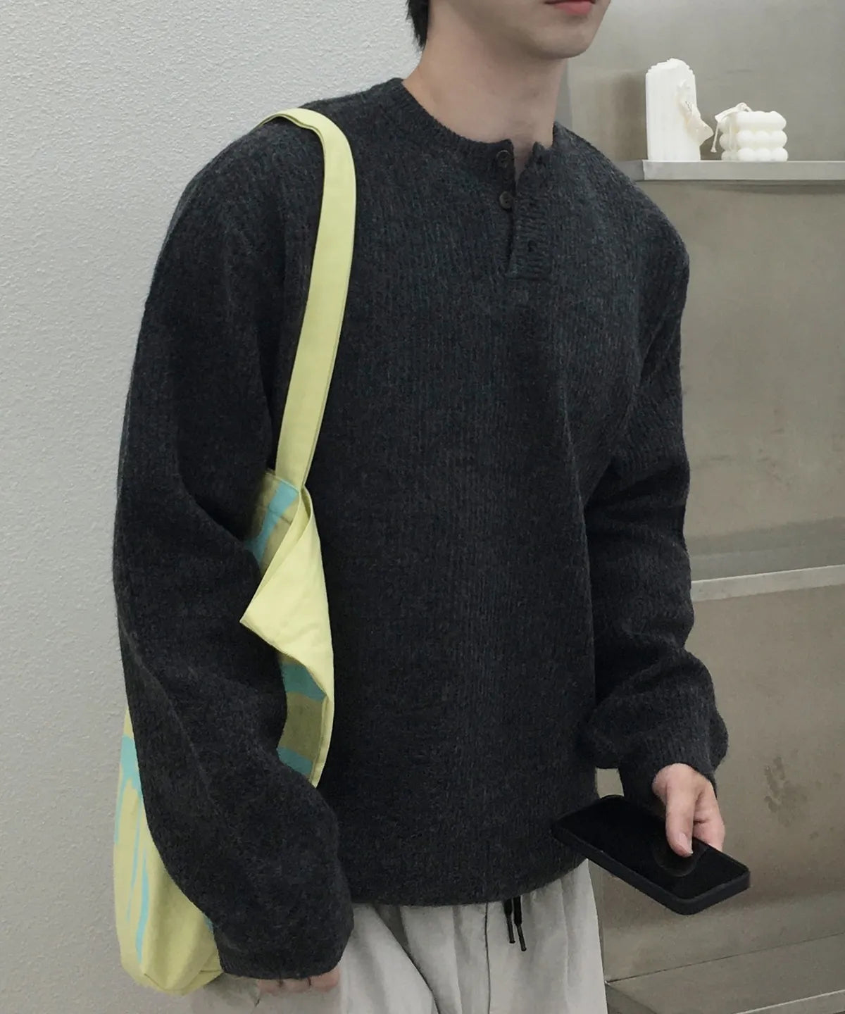 Ribbed Over-Fit Henley-Neck Knit [Charcoal]