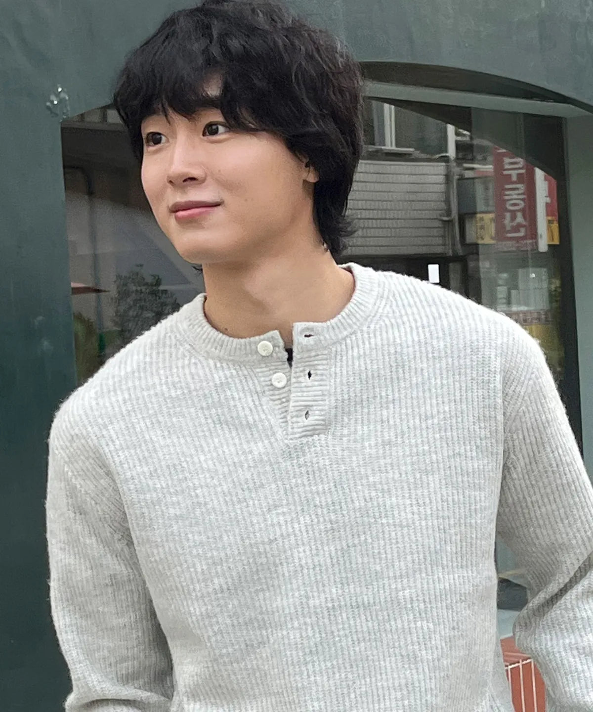 Ribbed Over-Fit Henley-Neck Knit [White Melange]