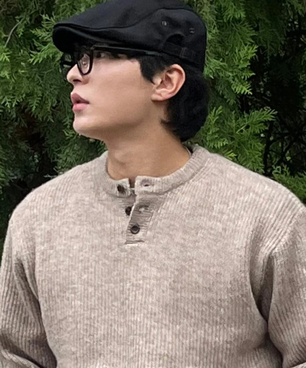 Ribbed Over-Fit Henley-Neck Knit [Oatmeal]