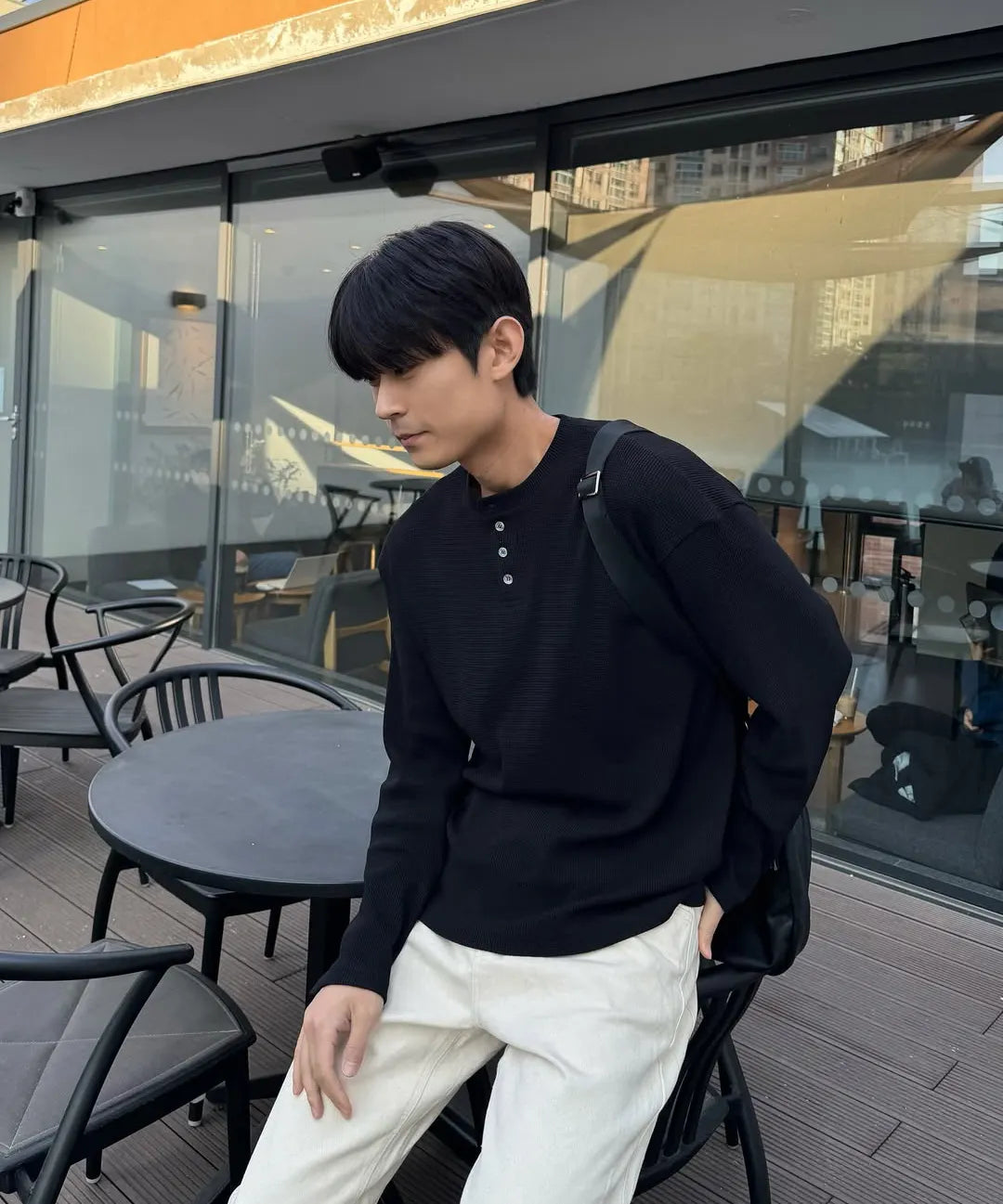 Waffle Henley Long Sleeve T-Shirt [Black]