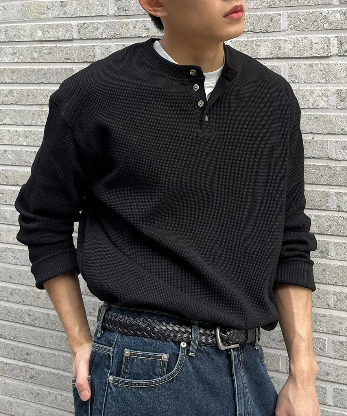 Waffle Henley Long Sleeve T-Shirt [Black]