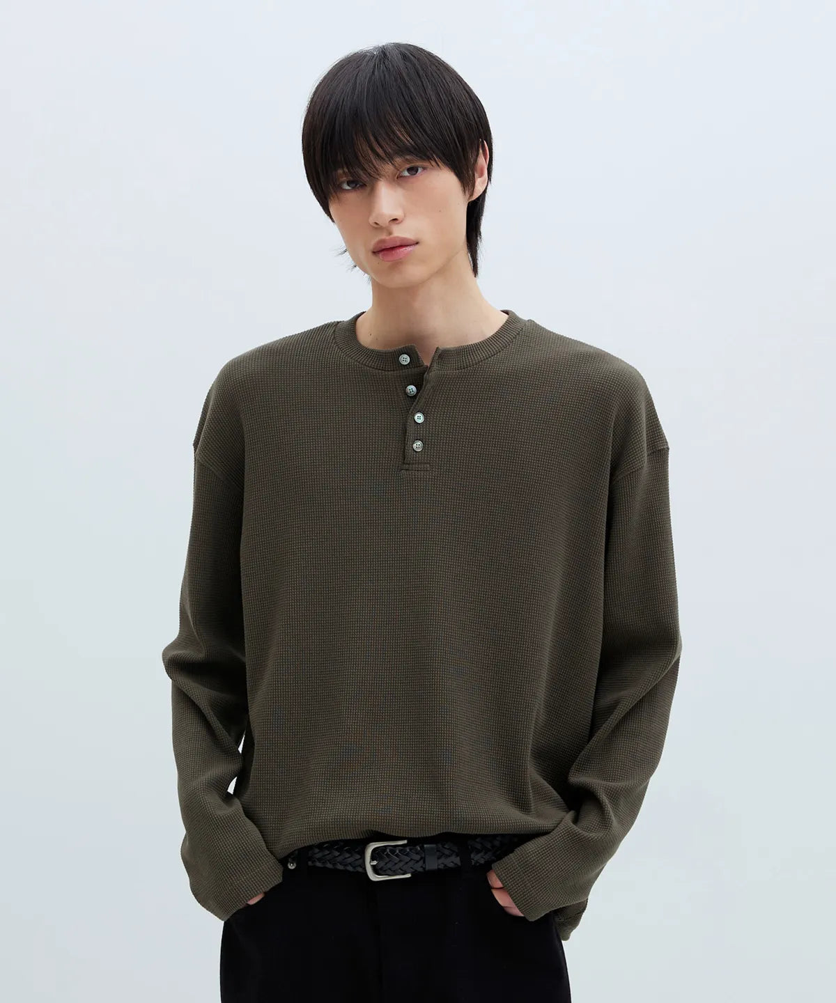 Waffle Henley Long Sleeve T-Shirt [Khaki]