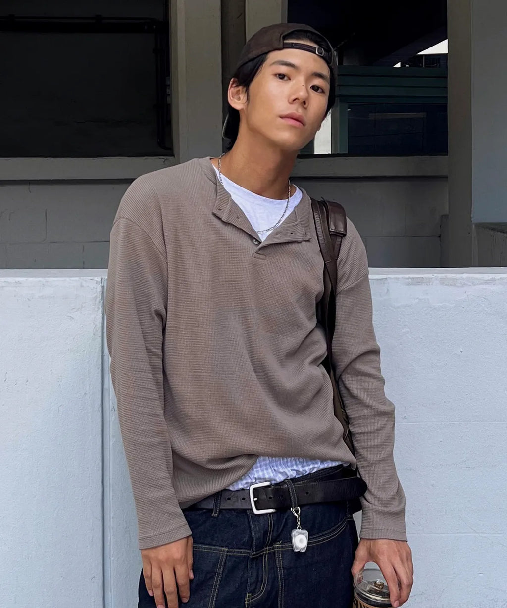 Waffle Henley Long Sleeve T-Shirt [Mocha Beige]