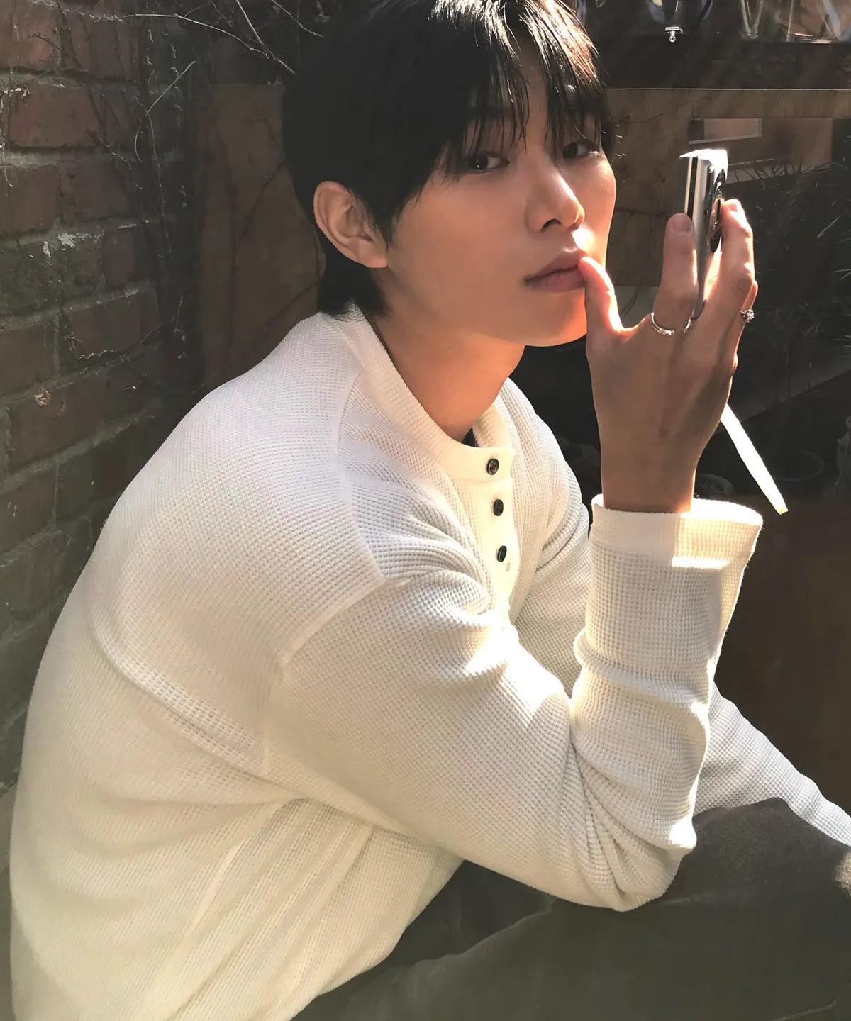 Waffle Henley Long Sleeve T-Shirt [Ivory]