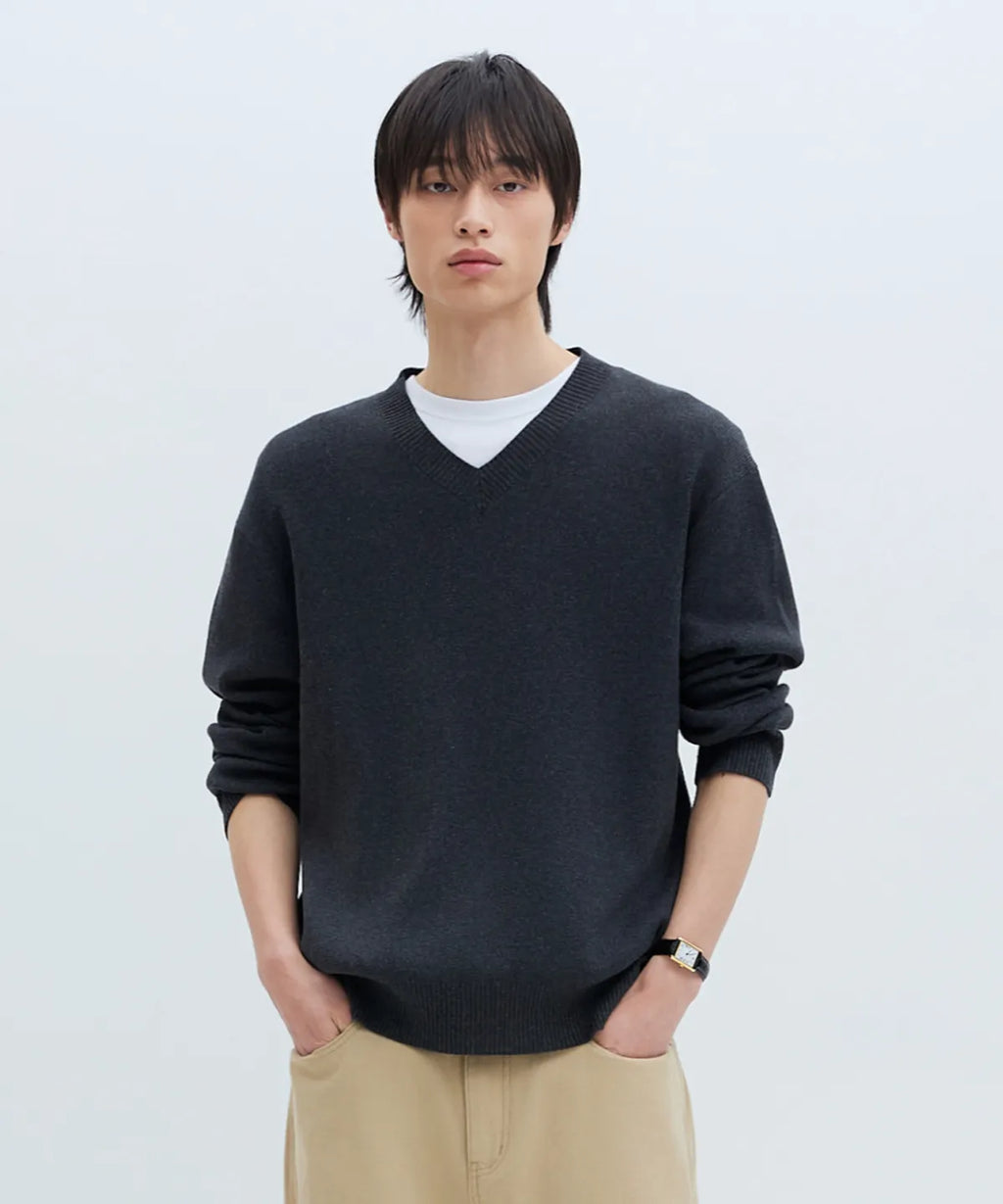 Pure Cotton V-Neck Knit [Charcoal]