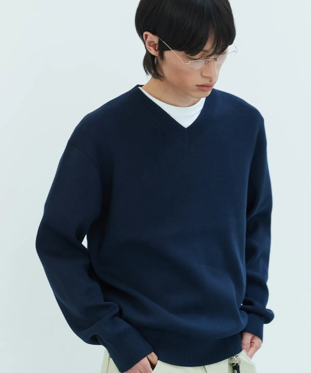 Pure Cotton V-Neck Knit [Navy]