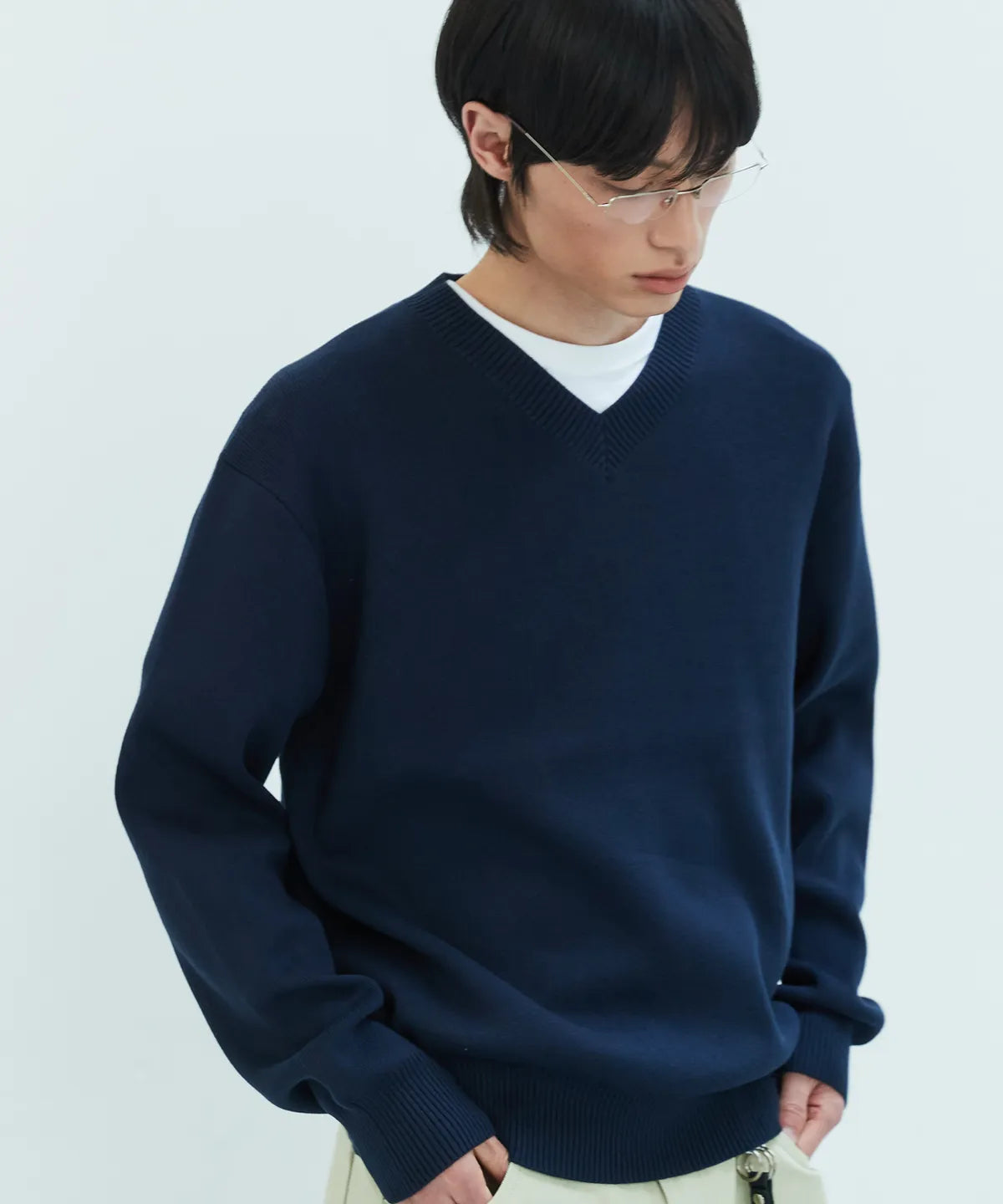 Pure Cotton V-Neck Knit [Navy]