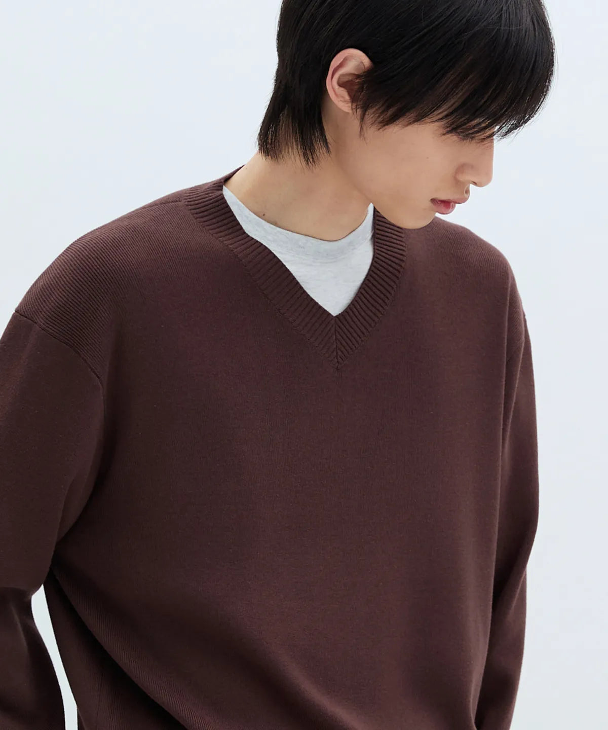 Pure Cotton V-Neck Knit [Brown]