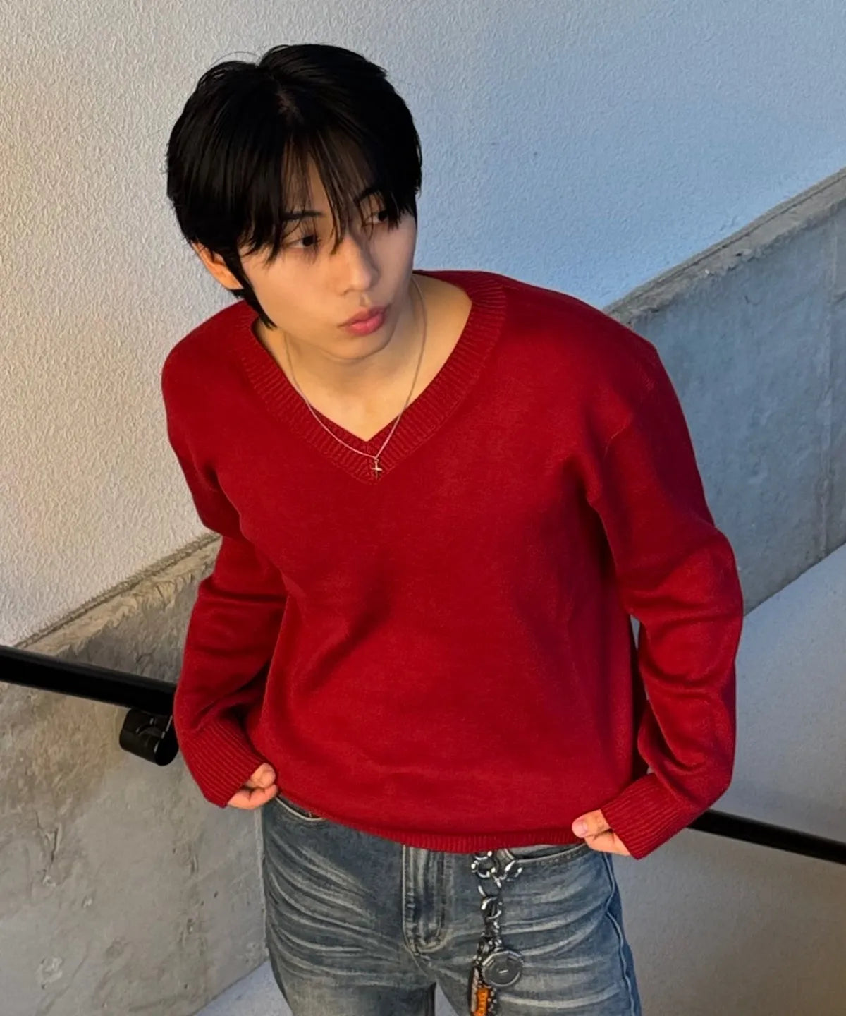 Pure Cotton V-Neck Knit [Red]