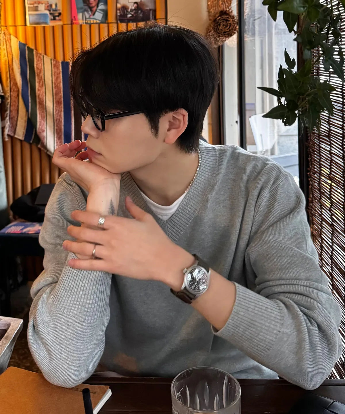 Pure Cotton V-Neck Knit [Gray]