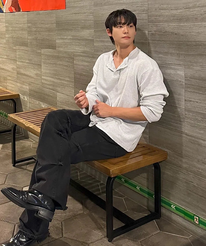 Waffle Henley Long Sleeve T-Shirt [White Melange]