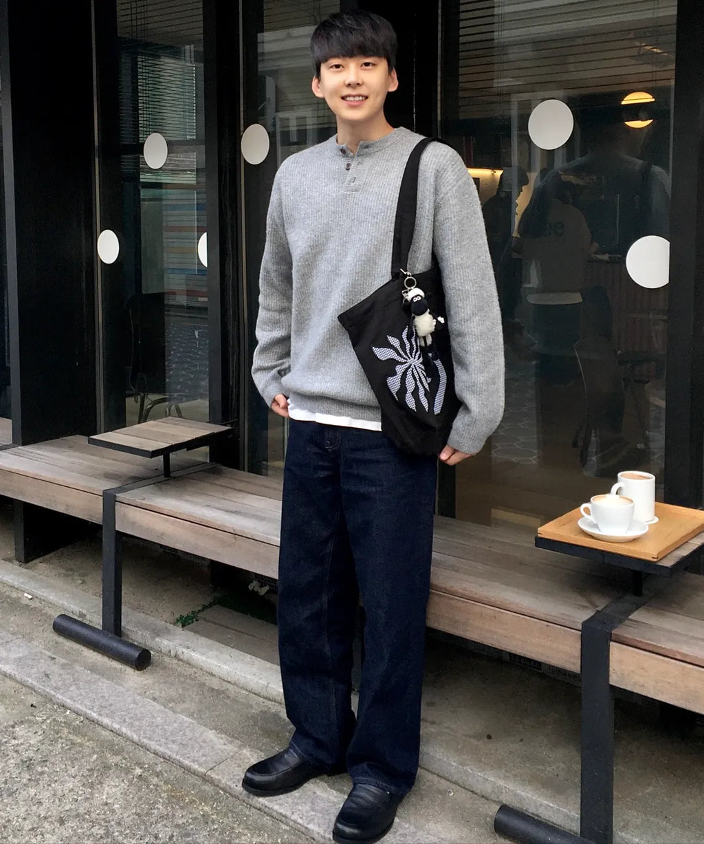 Ribbed Oversized Henley Neck Knit [Gray]