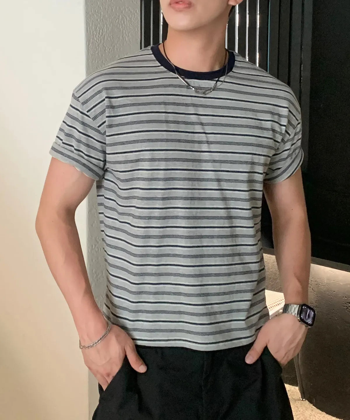 Essential Crop T-Shirt [Multi Gray Stripe]