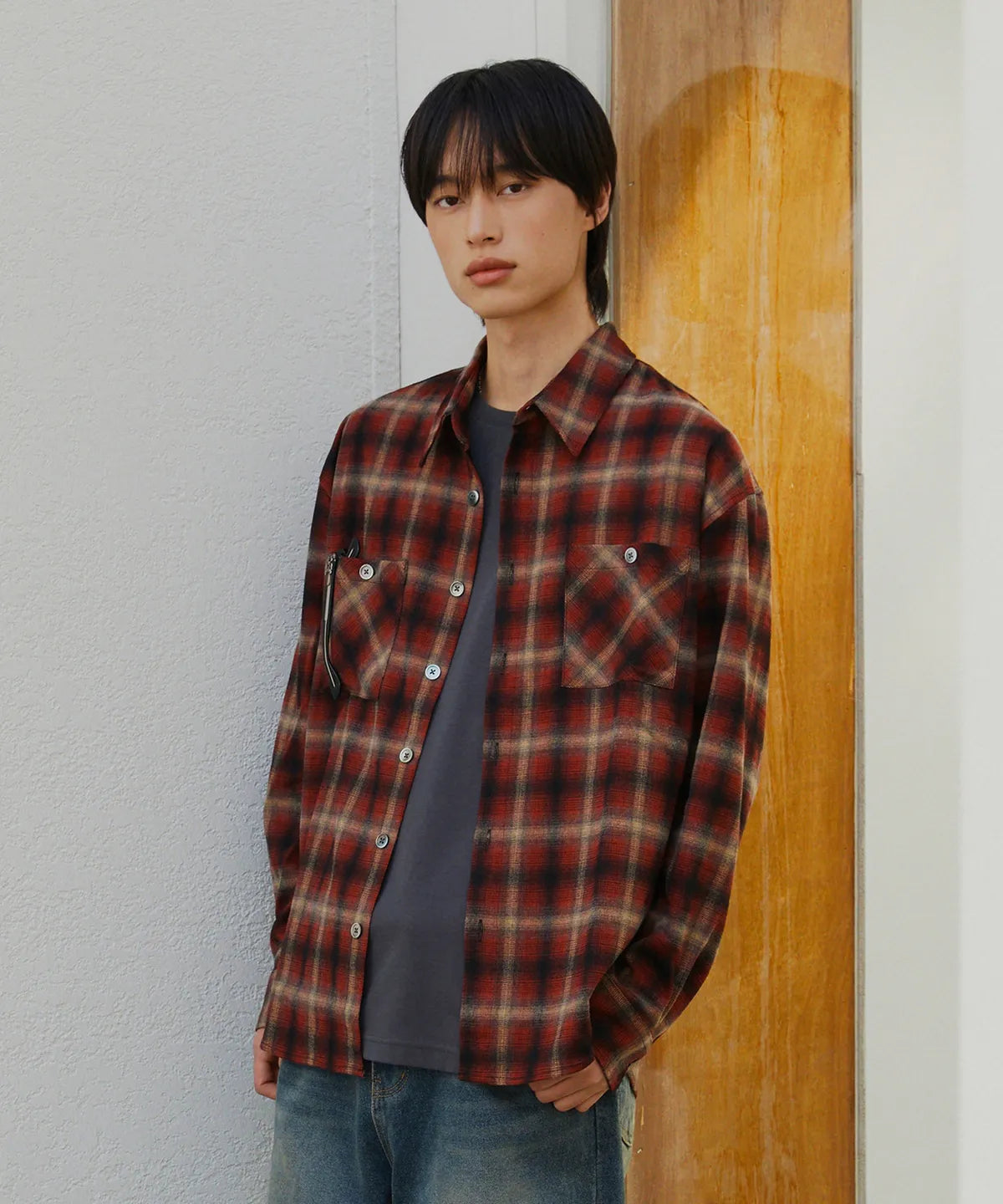 Two-Pocket Ombre Check Shirt [Red]