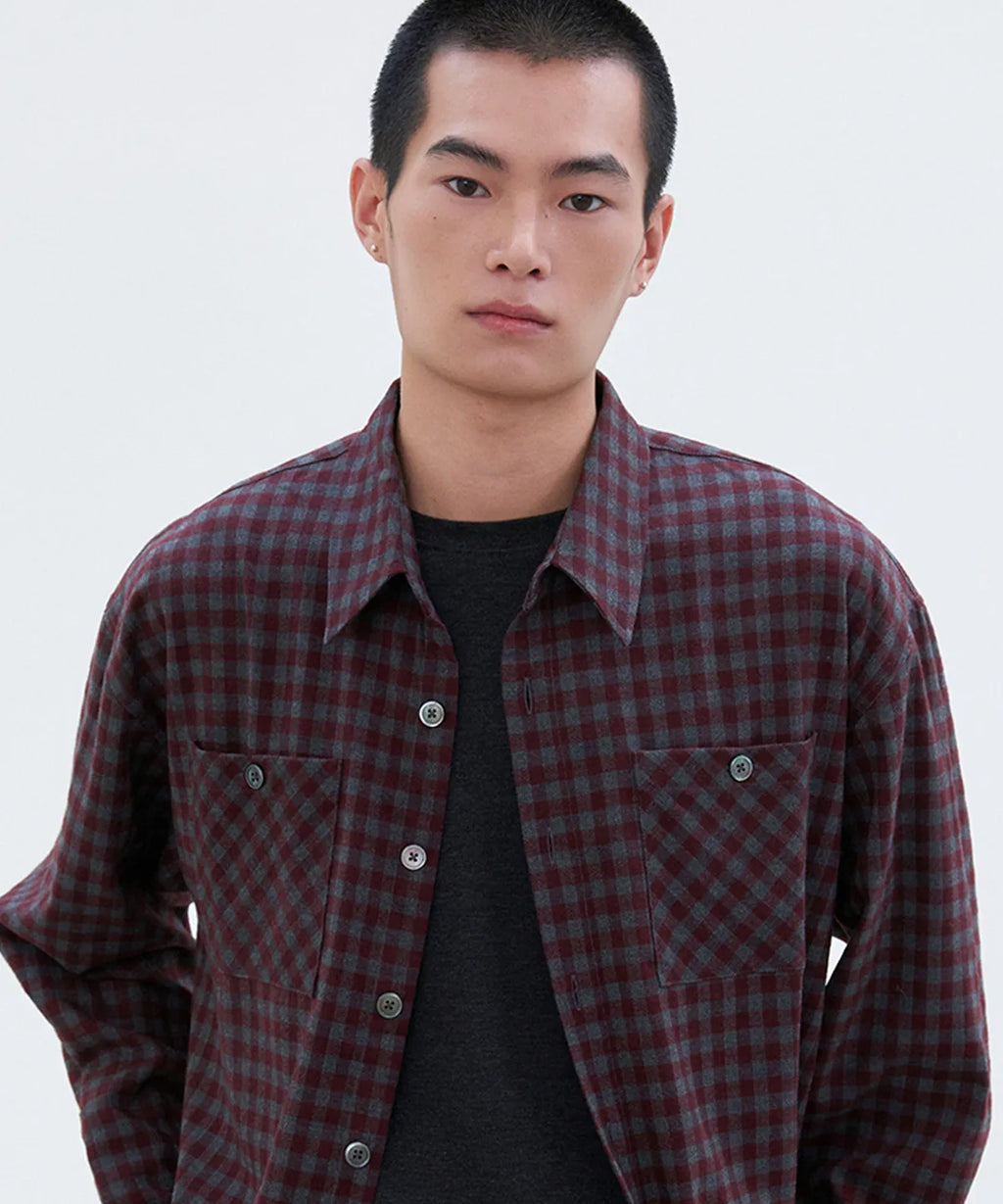 Two-Pocket Gingham Check Shirt [Wine]