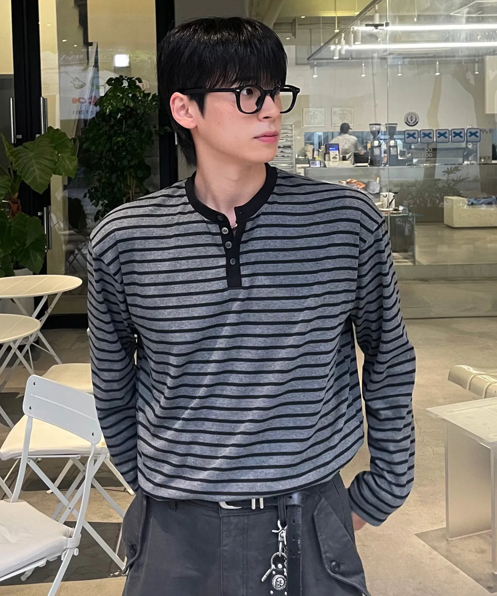 Stripe Henley Neck Long Sleeve T-Shirt [Black]