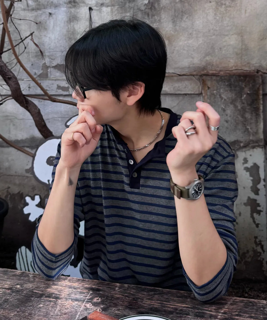 Stripe Henley Neck Long Sleeve T-Shirt [Navy]