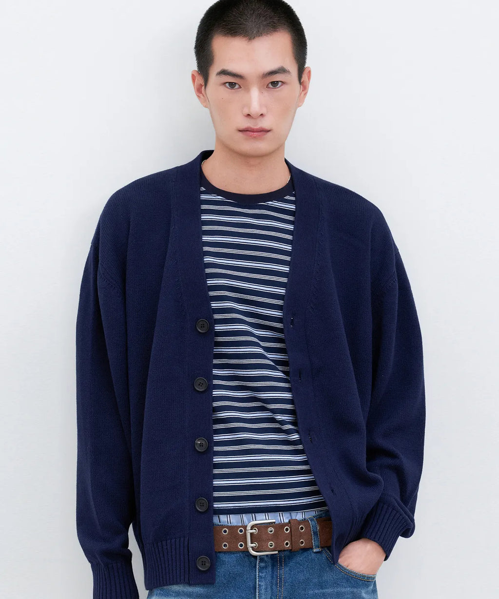 Essential Cotton V-Neck Knit Cardigan [Navy]