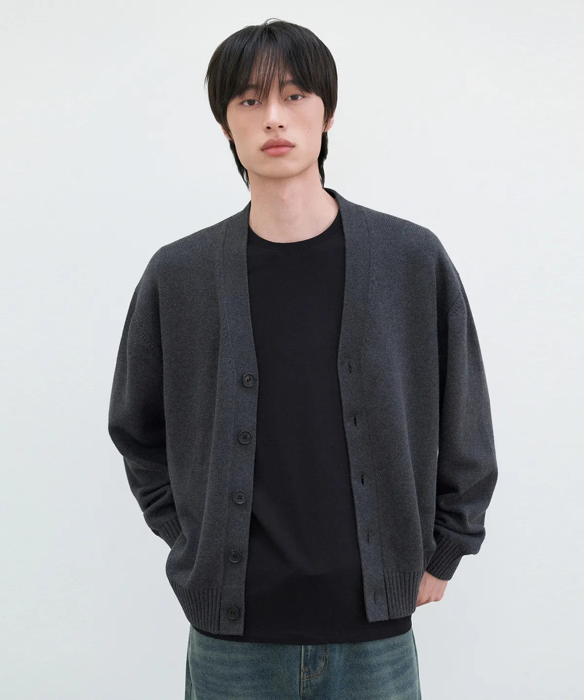 Essential Cotton V-Neck Knit Cardigan [Charcoal]