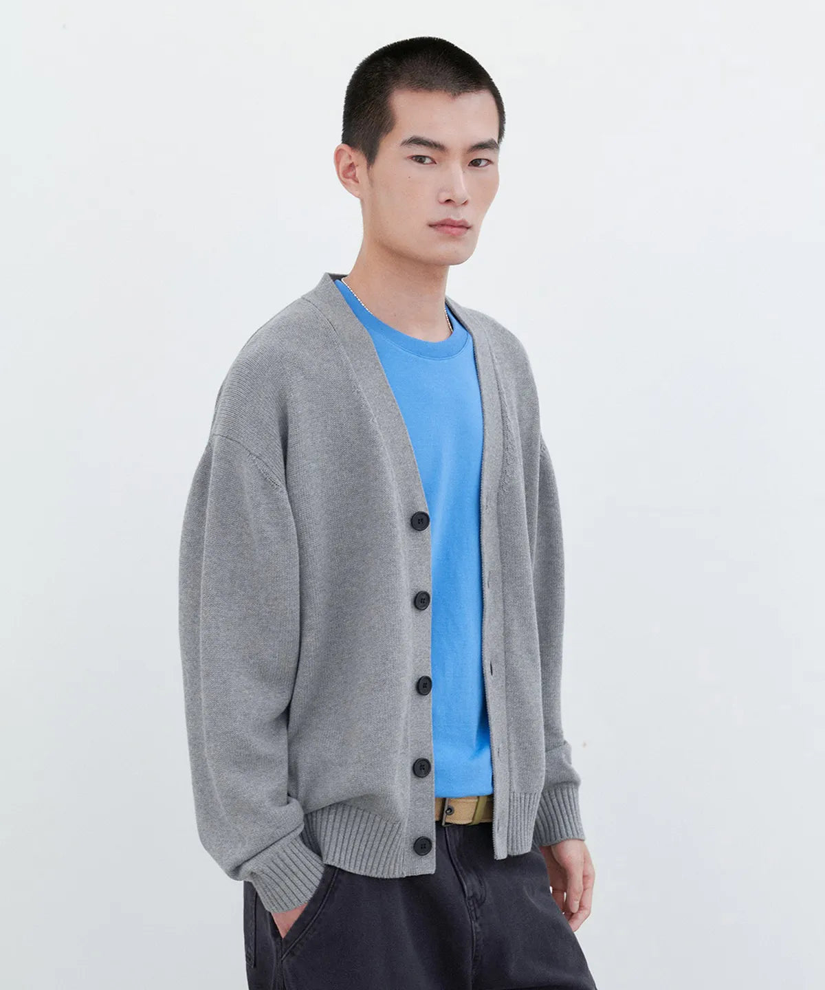 Essential Cotton V-Neck Knit Cardigan [Gray]