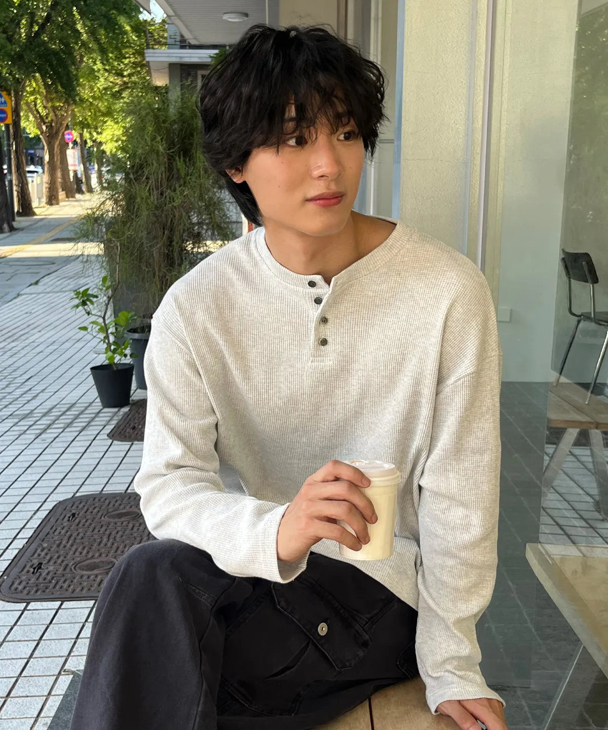 Waffle Henley Long Sleeve T-Shirt [White Melange]