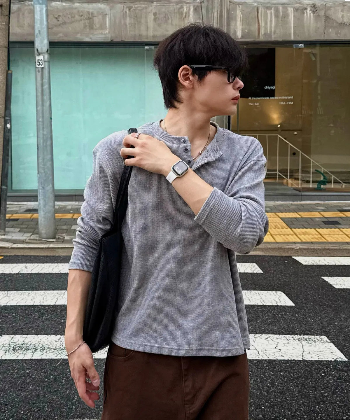 Waffle Henley Long Sleeve T-Shirt [Gray]