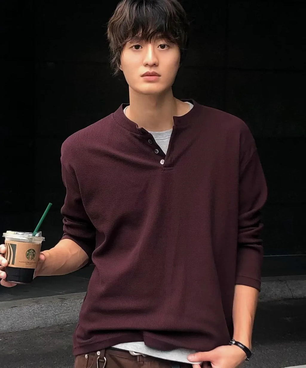 Waffle Henley Long Sleeve T-Shirt [Burgundy]