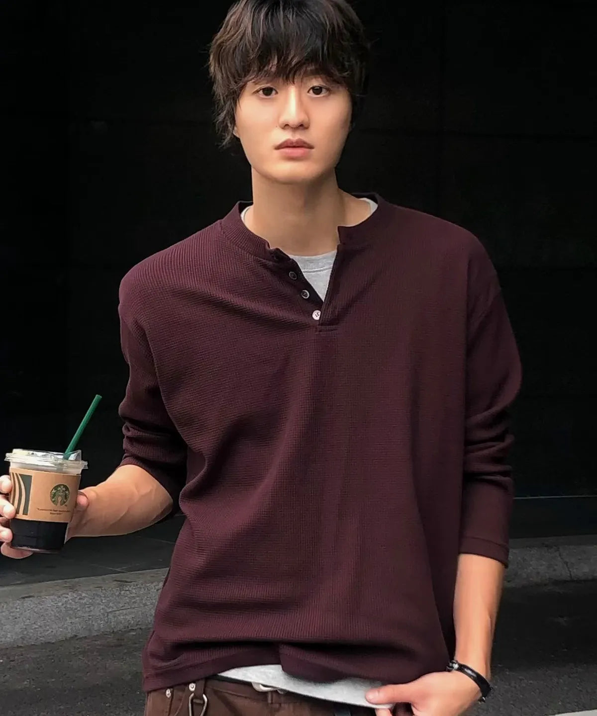 Waffle Henley Long Sleeve T-Shirt [Burgundy]