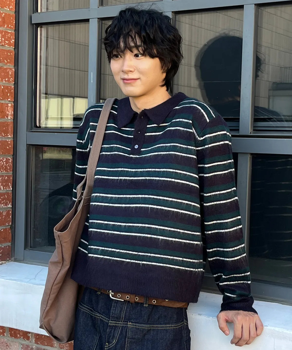 Stripe Brush Collar Crop Knit [Navy Green ST]