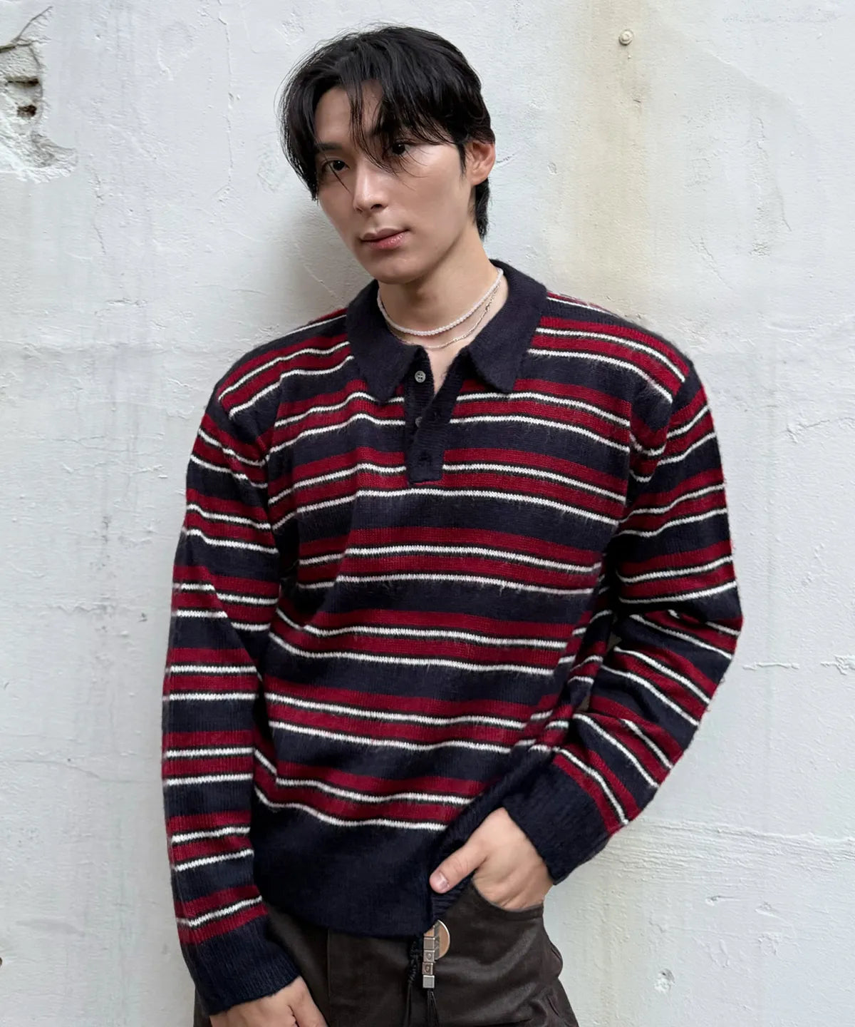 Stripe Brush Collar Crop Knit [Navy Burgundy ST]