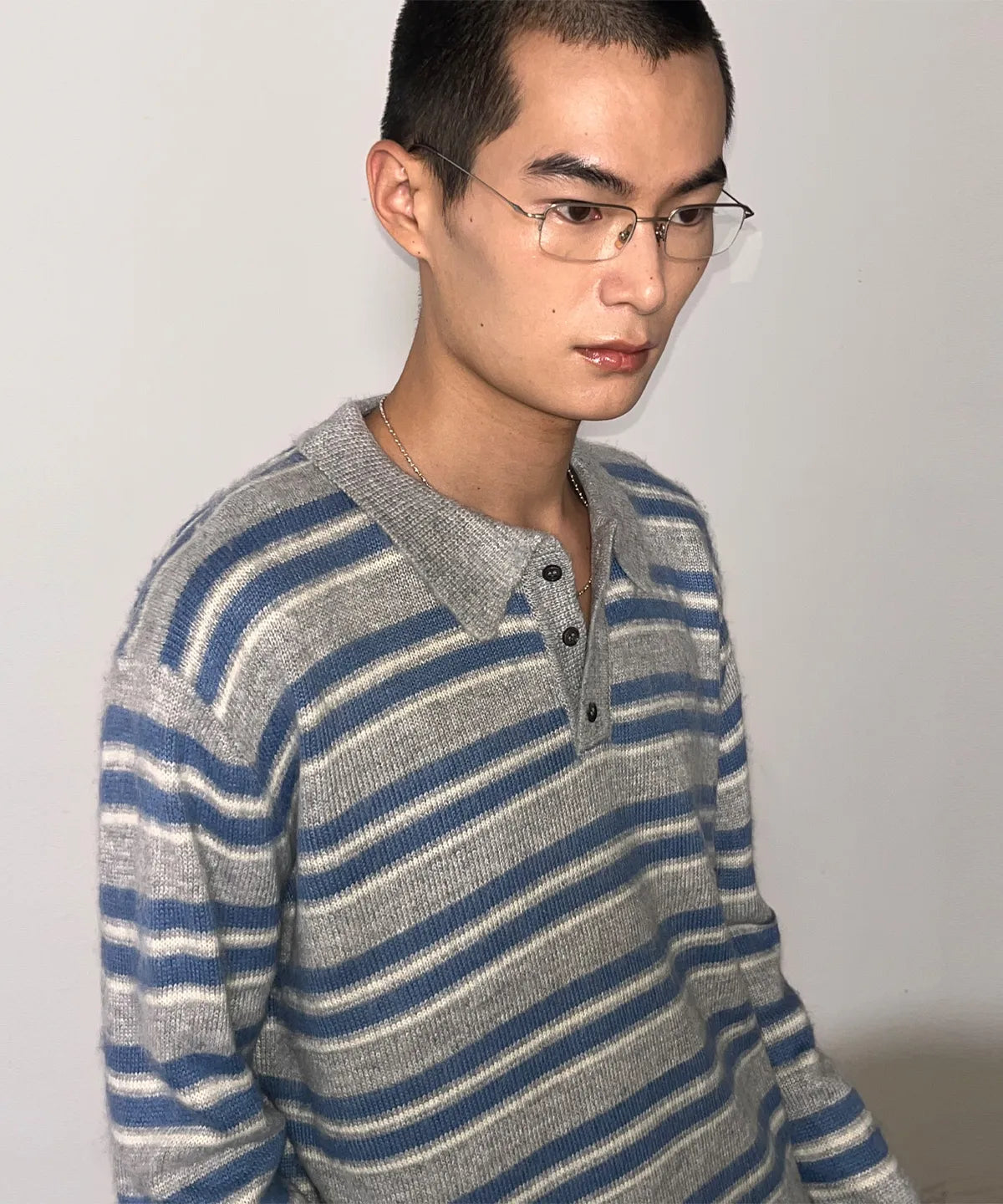 Stripe Brush Collar Crop Knit [Gray ST]