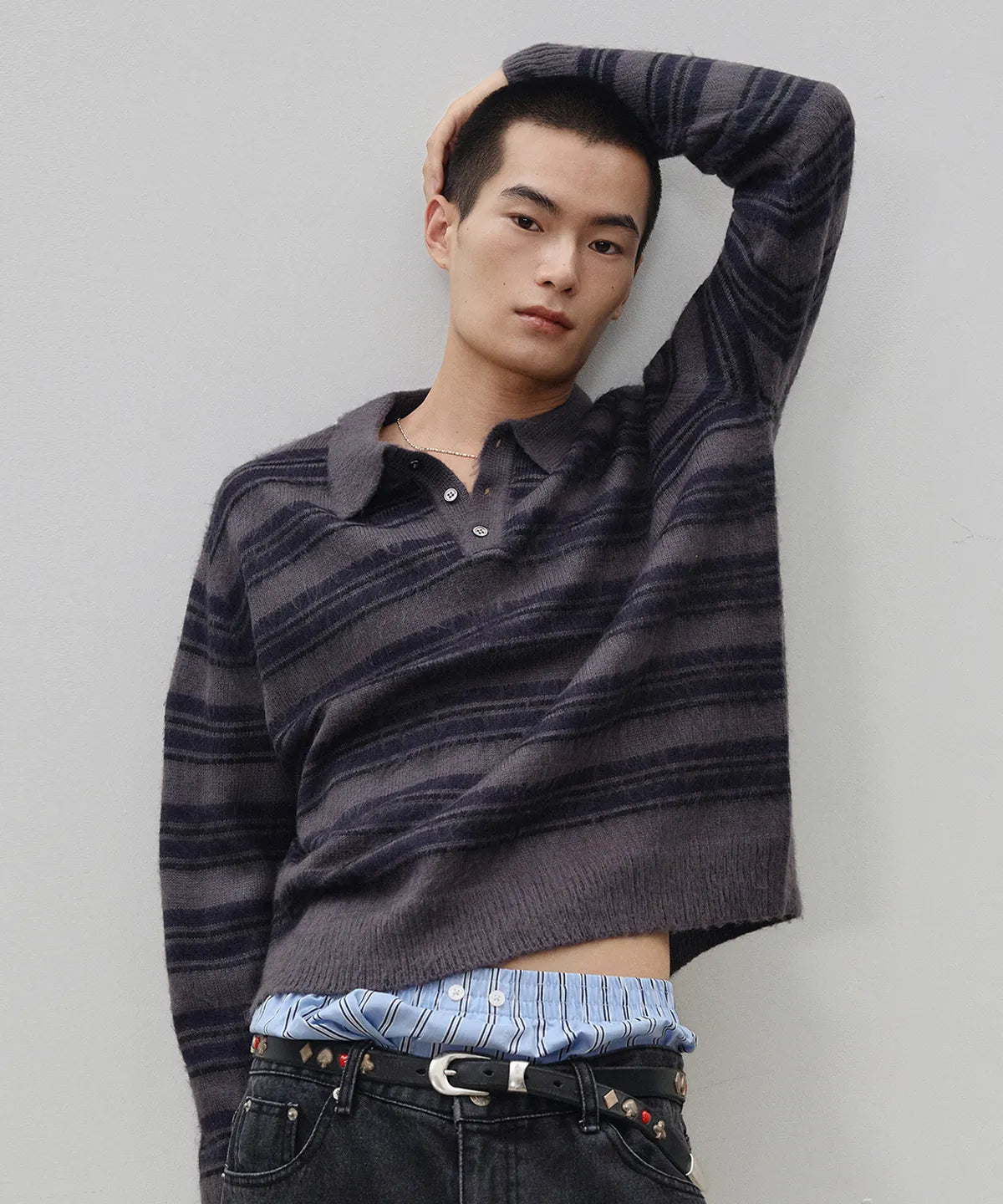 Stripe Brush Collar Crop Knit [Charcoal ST]