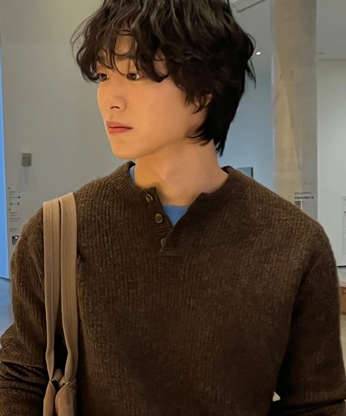 Ribbed Oversized Henley Neck Knit [Brown]