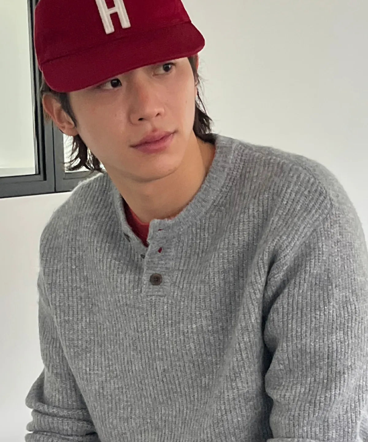 Ribbed Oversized Henley Neck Knit [Gray]