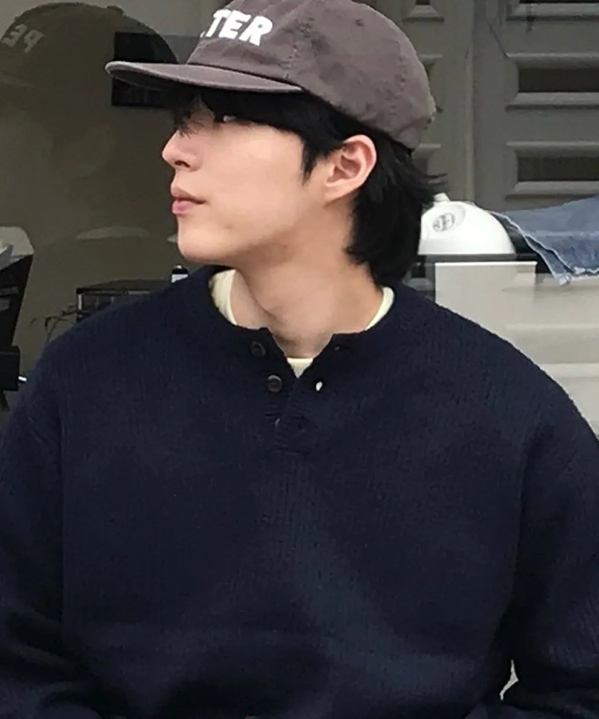 Ribbed Oversized Henley Neck Knit [Navy]