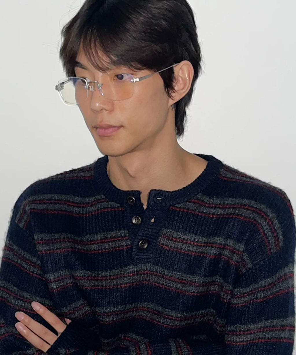 Ribbed Oversized Henley Neck Knit [Navy ST]