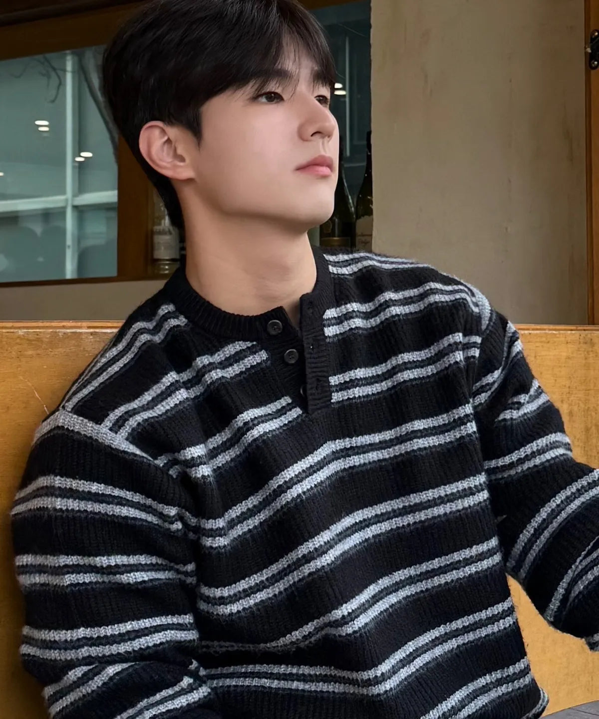 Ribbed Oversized Henley Neck Knit [Black ST]